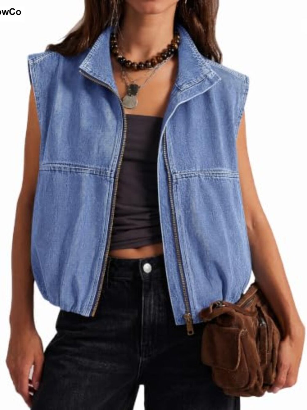 Zip Up Denim Vest Sleeveless Jean Top Summer Casual Bubble Hem